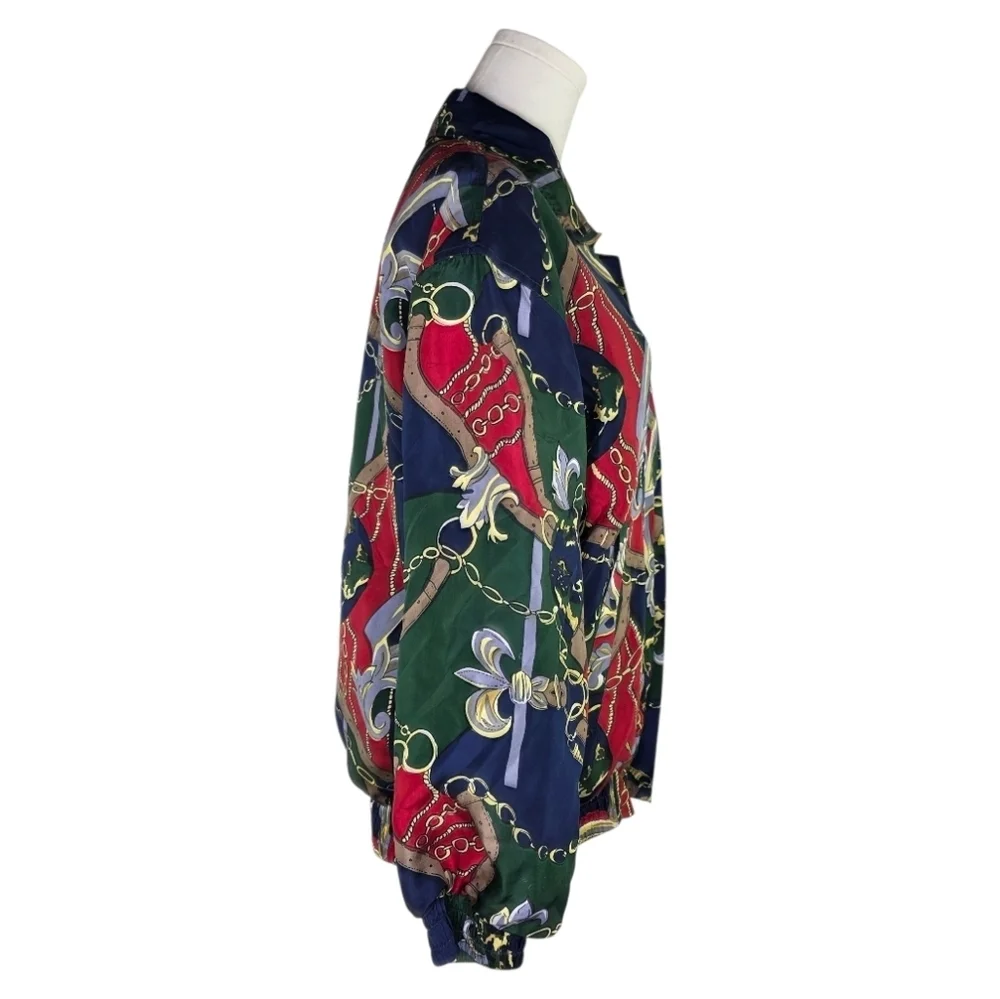 Fu Da Intl Vintage Silk Chain Print Bomber Jacket 90s Equestrian Scarf - Picture 2 of 10